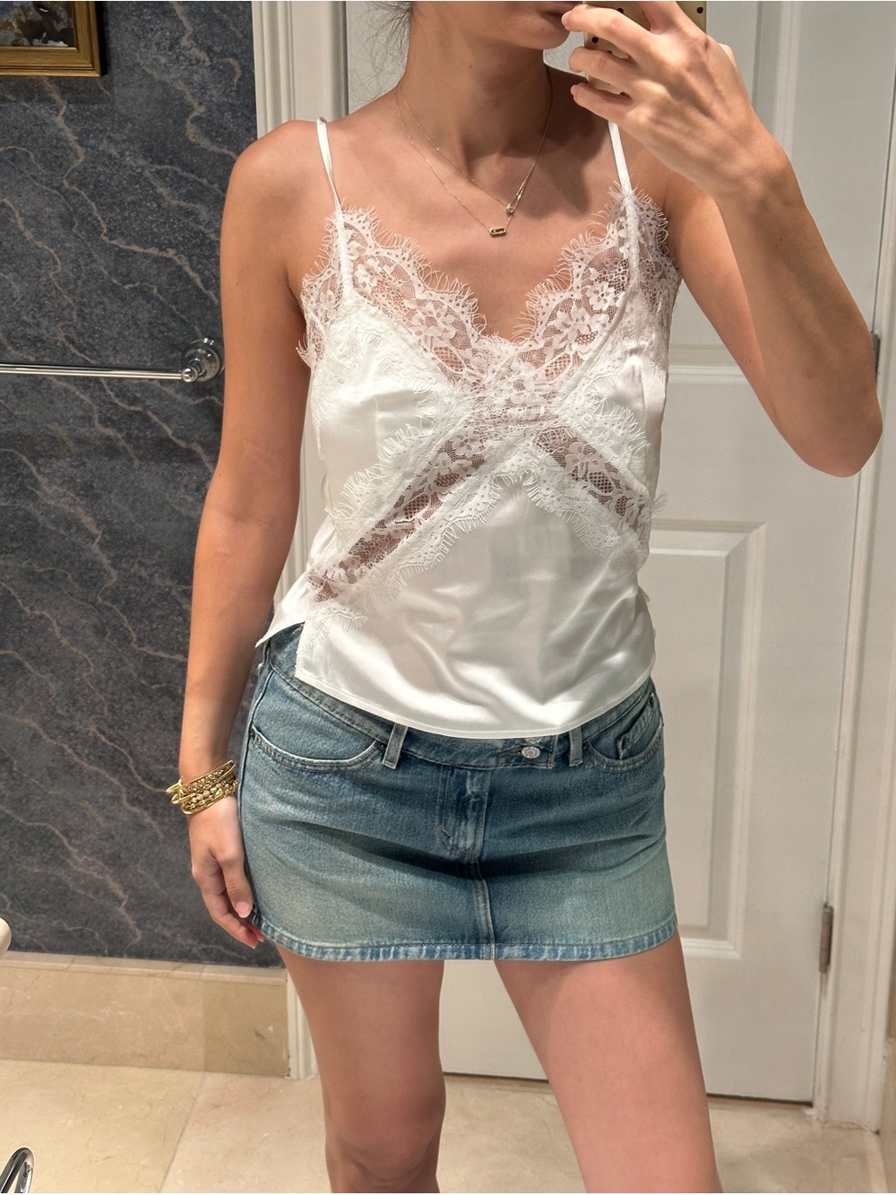 Lace Trim Satin Cami Top - White